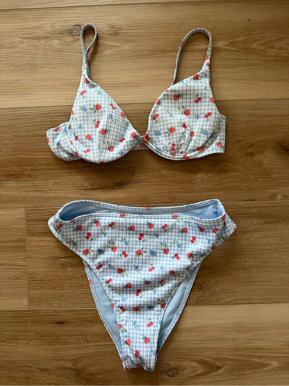 Hollister Strawberry Print  Bikini - Light Blue Gingham, XS, like new